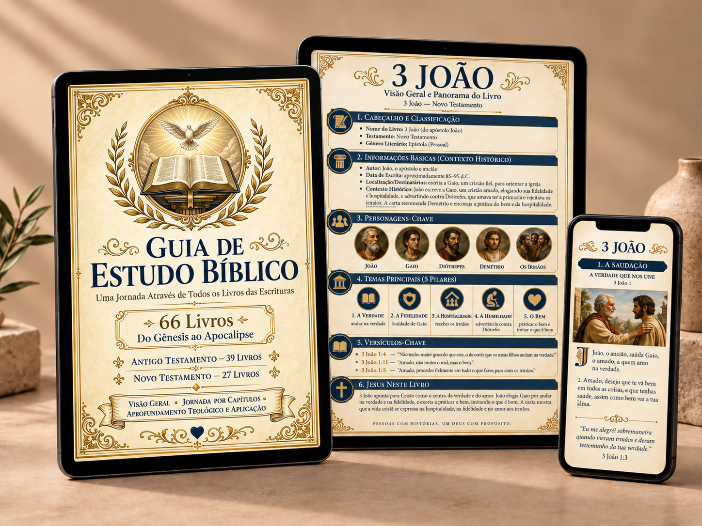 Apoteose em tablet e celular, mostrando a capa do Guia de Estudo Bíblico e o panorama de 3 João